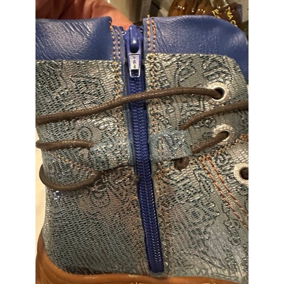 TMA Turquoise Blue Lace-Up Boots With Brown Sole & Side Zipper - Picture 7 of 11